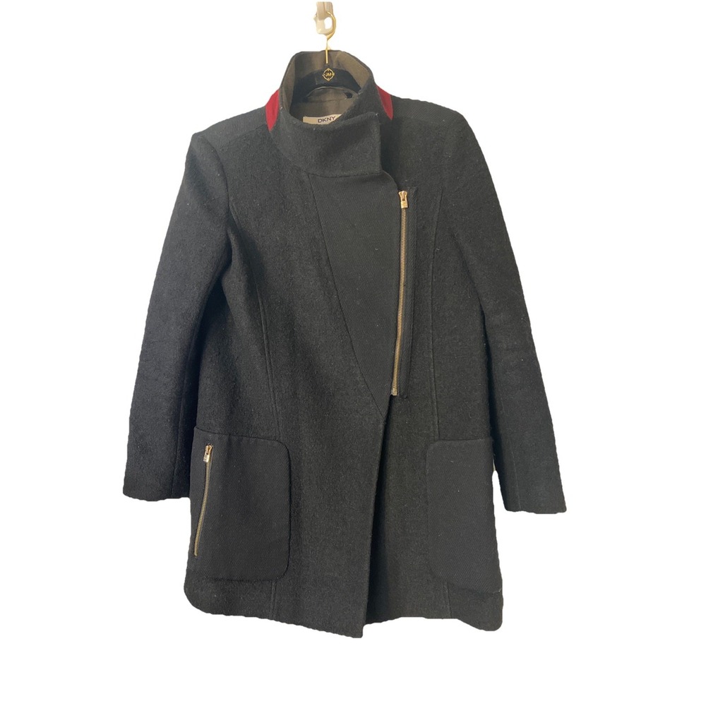 DKNY Black Green Collar Rim Wool Blend  Mix Material Pea Coat Size 6 Side Zip‎